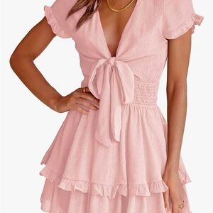 Pink Mini Sundress with Ruffled Flutter Sleeves and Plunge Neckline